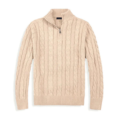 Homixa men's textured cable-knit quarter-zip sweater with long sleeves and mock neck, displayed on a model.