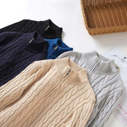 Men's textured cable-knit quarter-zip sweater with long sleeves and mock neck by Homixa, shown in a close-up view.