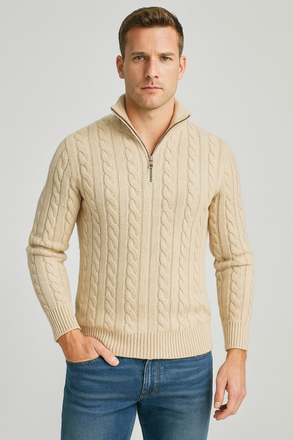 Homixa men's textured cable-knit quarter-zip sweater with long sleeves and mock neck, stylish and cozy knitwear for men.