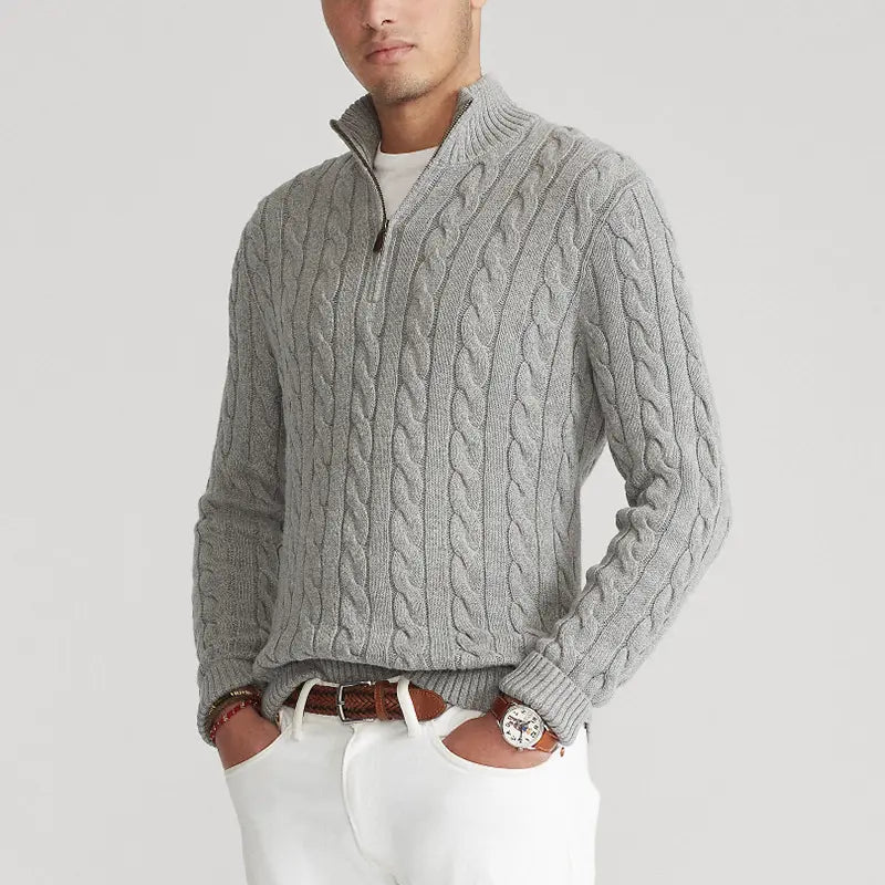 Men's textured cable-knit quarter-zip sweater with long sleeves and mock neck by Homixa, displayed on a neutral background.