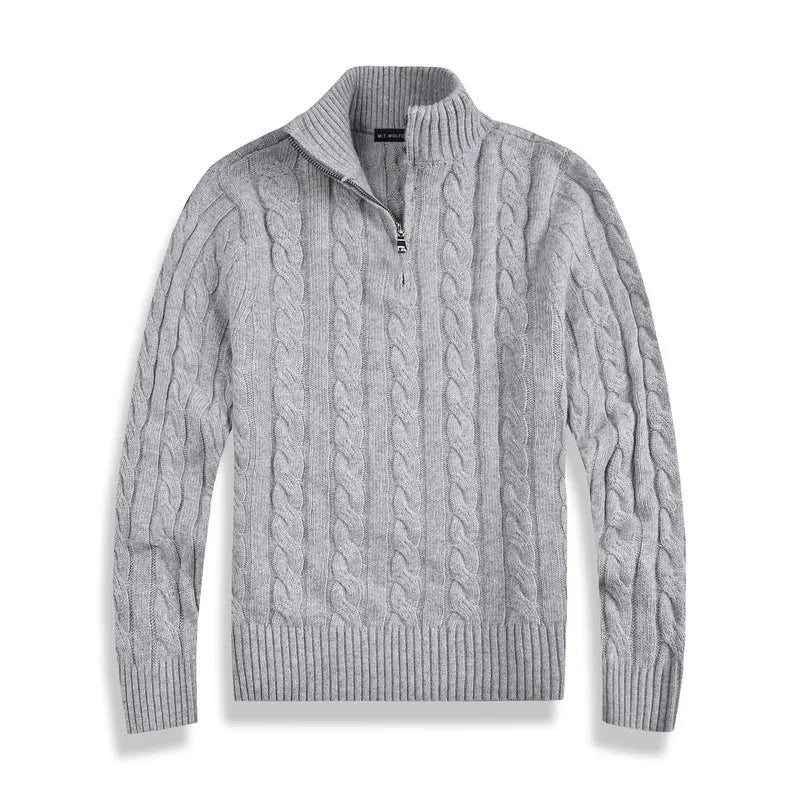Men's textured cable-knit quarter-zip sweater with long sleeves and mock neck by Homixa, shown in a close-up view.