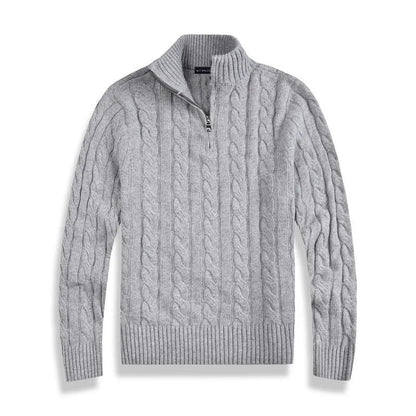 Men's textured cable-knit quarter-zip sweater with long sleeves and mock neck by Homixa, shown in a close-up view.