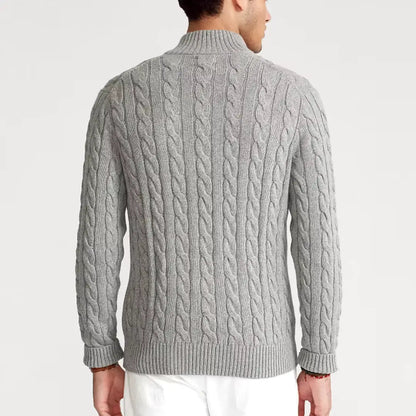 Men's textured cable-knit quarter-zip sweater with long sleeves and mock neck by Homixa, showcasing a cozy, stylish knit design.