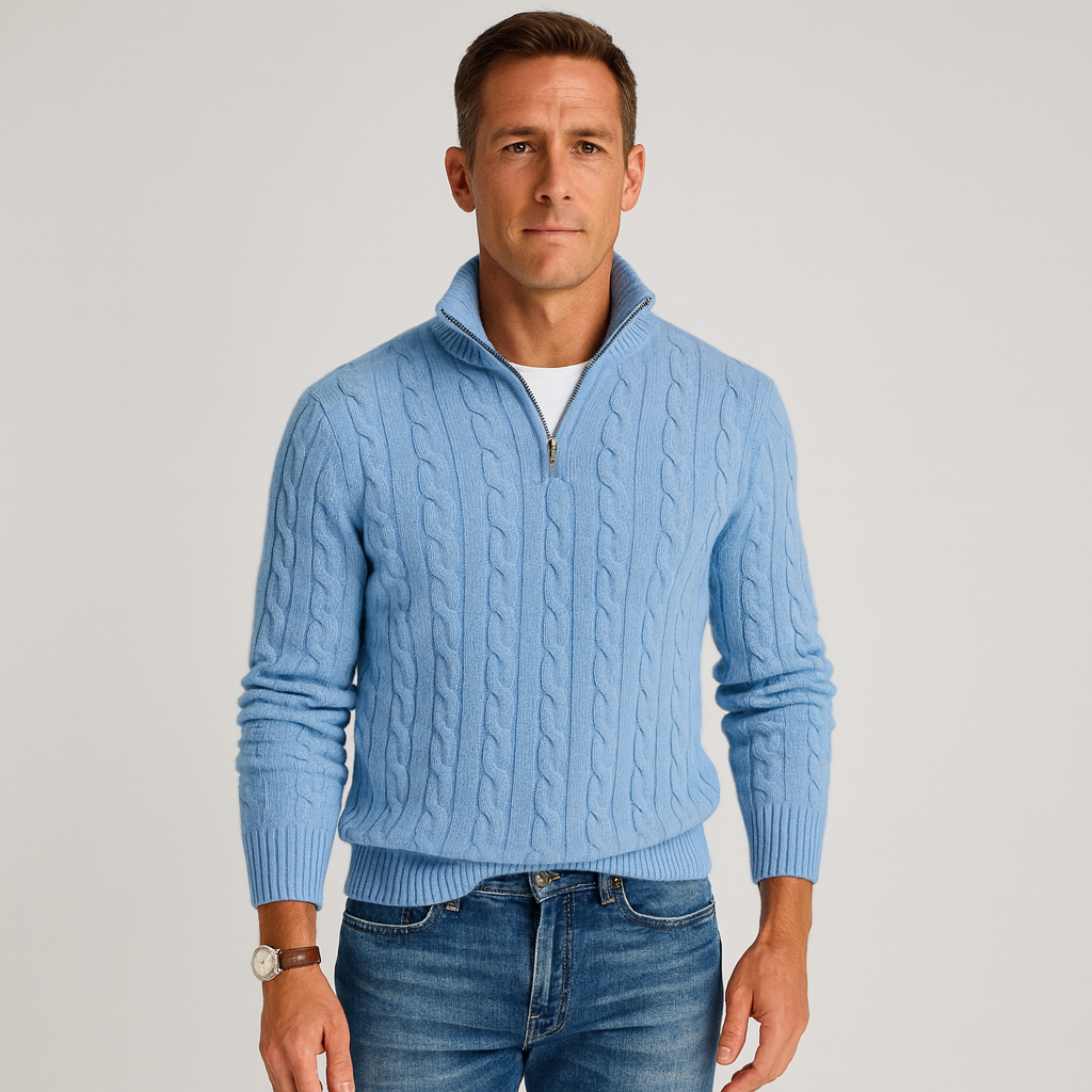 Homixa men's textured cable-knit quarter-zip sweater with long sleeves and mock neck, stylish and warm men's sweater.