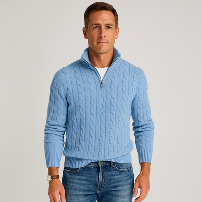 Homixa men's textured cable-knit quarter-zip sweater with long sleeves and mock neck, stylish and warm men's sweater.