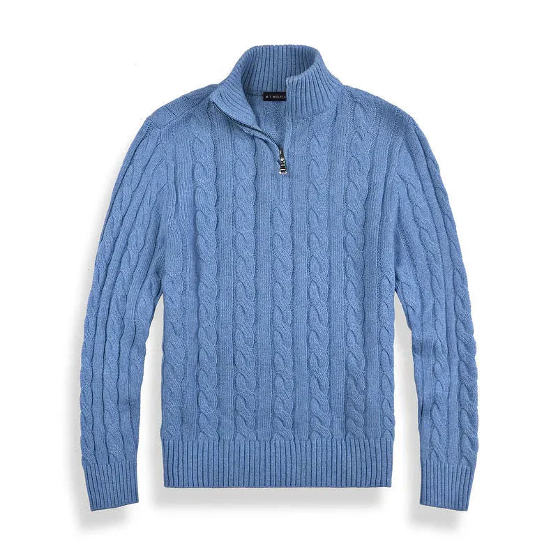 Men's textured cable-knit quarter-zip sweater with long sleeves and mock neck by Homixa, shown in a close-up view.
