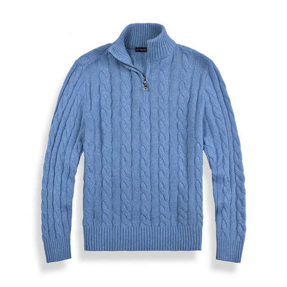 Men's textured cable-knit quarter-zip sweater with long sleeves and mock neck by Homixa, shown in a close-up view.