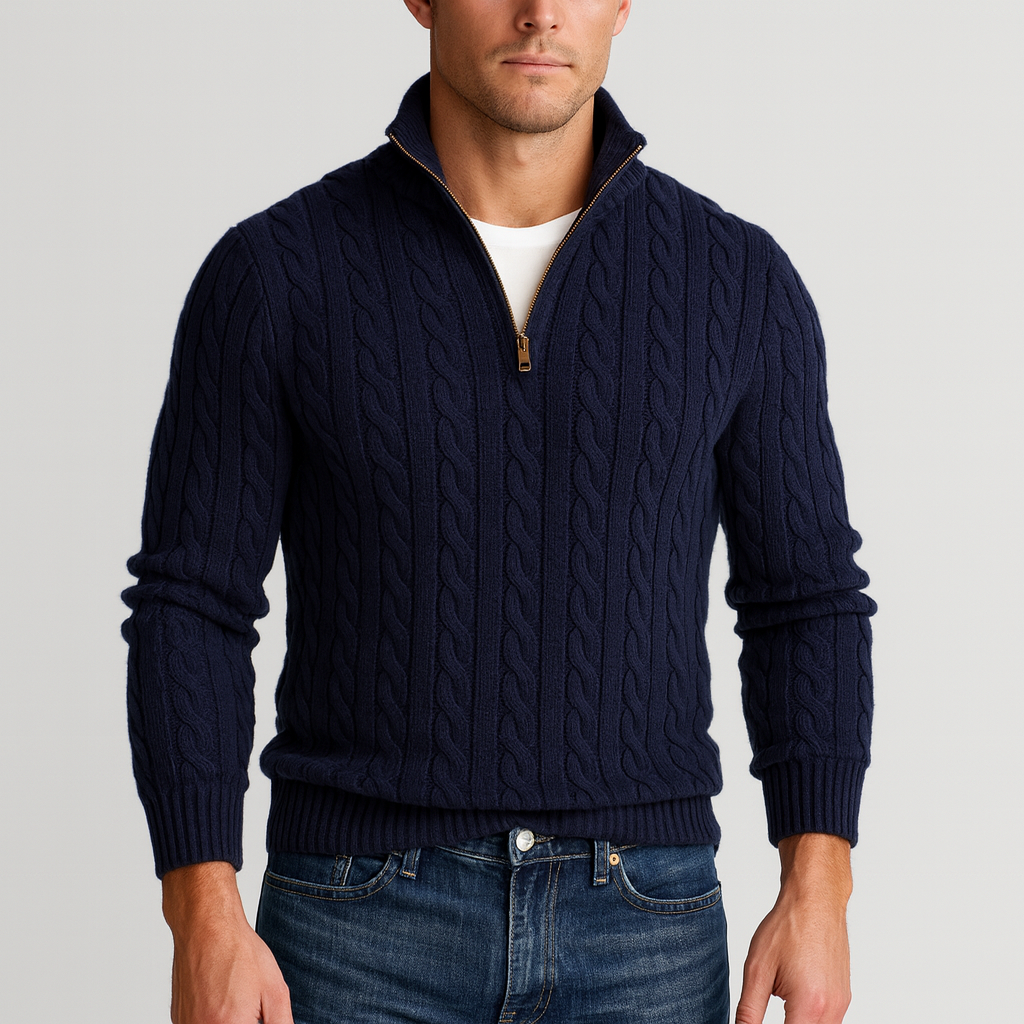 Men's textured cable-knit quarter-zip sweater with long sleeves and mock neck by Homixa, shown in a close-up view.