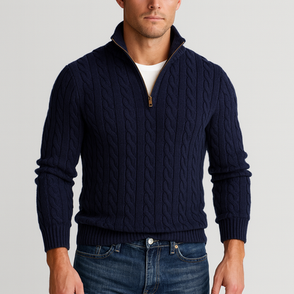 Men's textured cable-knit quarter-zip sweater with long sleeves and mock neck by Homixa, shown in a close-up view.
