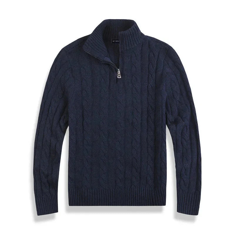 Men's textured cable-knit quarter-zip sweater with long sleeves and mock neck by Homixa, featuring a cozy, stylish knit design.