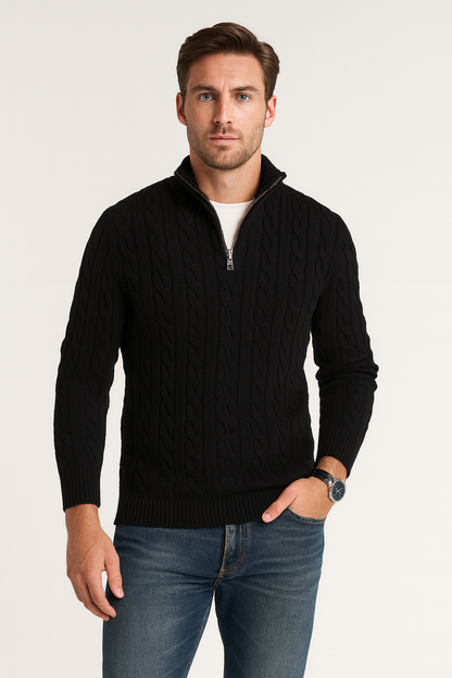 Men's textured cable-knit quarter-zip sweater with long sleeves and mock neck by Homixa, showcasing the detailed knit pattern.