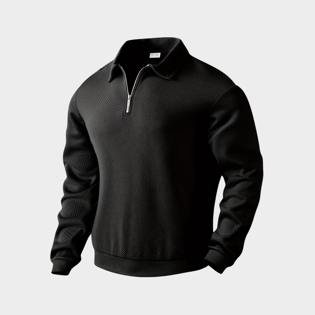 Men's textured half-zip knit sweater by Homixa featuring ribbed cuffs and a polo collar, shown in a close-up view.