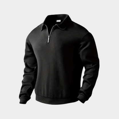 Men's textured half-zip knit sweater by Homixa featuring ribbed cuffs and a polo collar, shown in a close-up view.