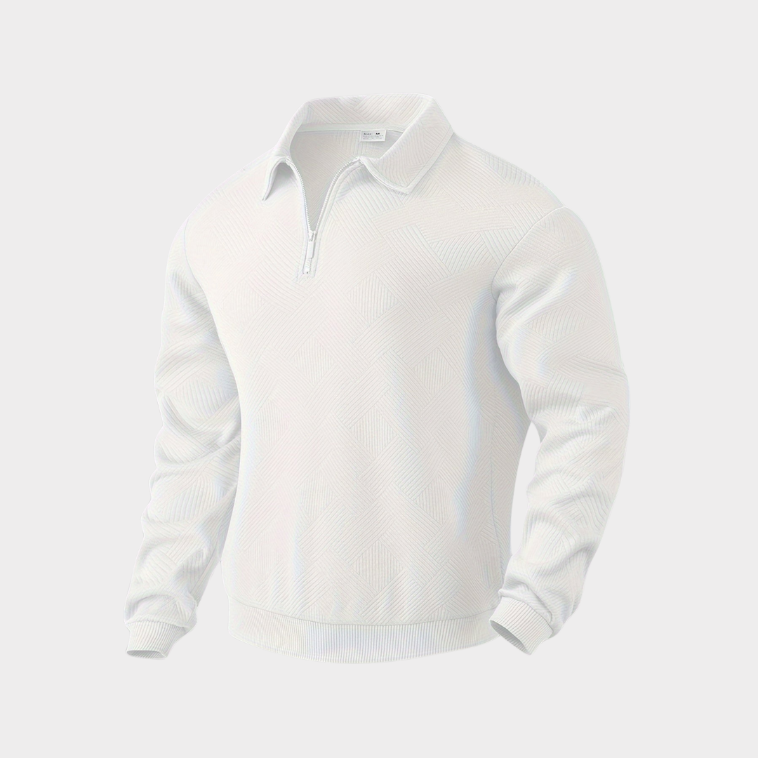 Men's textured half-zip knit sweater by Homixa featuring ribbed cuffs and a polo collar, displayed on a hanger.