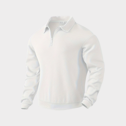 Men's textured half-zip knit sweater by Homixa featuring ribbed cuffs and a polo collar, displayed on a hanger.