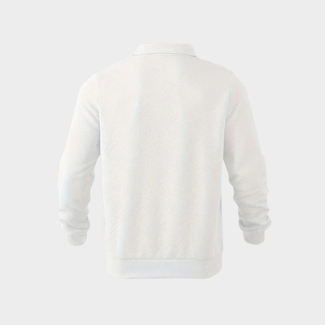 Men's textured knit sweater by Homixa featuring a half-zip, ribbed cuffs, and a polo collar, shown on a male model.