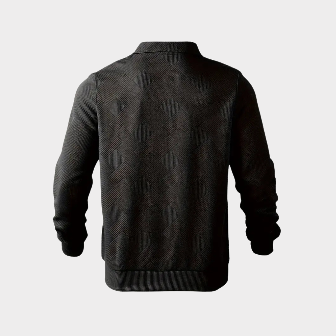 Men's textured knit sweater with half-zip, ribbed cuffs, and polo collar by Homixa, shown in a close-up of the chest and collar.