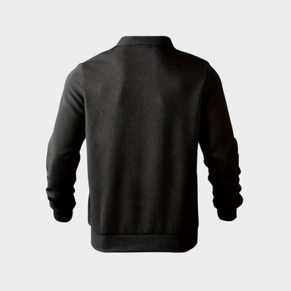 Men's textured knit sweater with half-zip, ribbed cuffs, and polo collar by Homixa, shown in a close-up of the chest and collar.