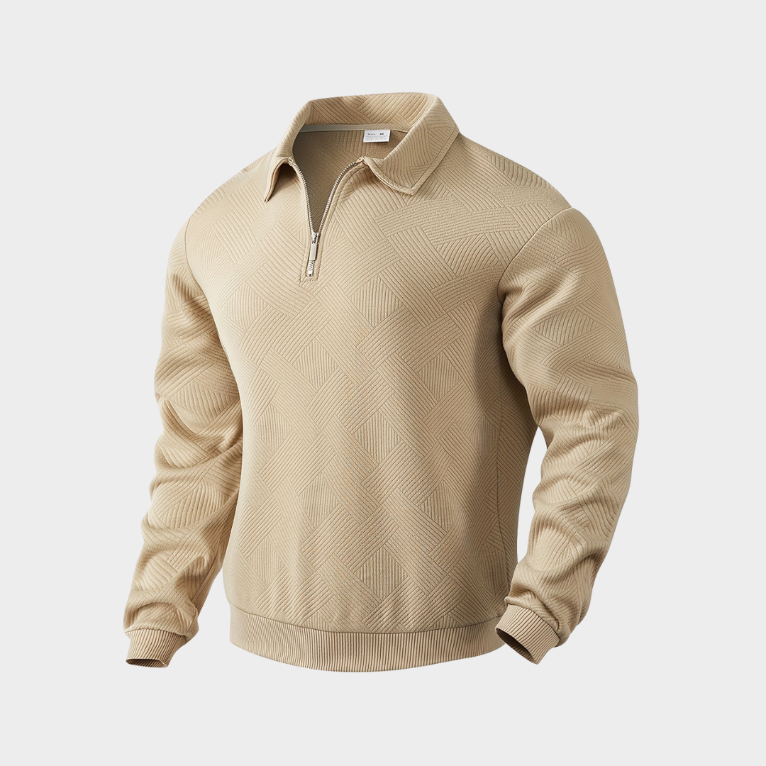 Men's textured half-zip knit sweater by Homixa featuring ribbed cuffs and a polo collar, displayed on a model.