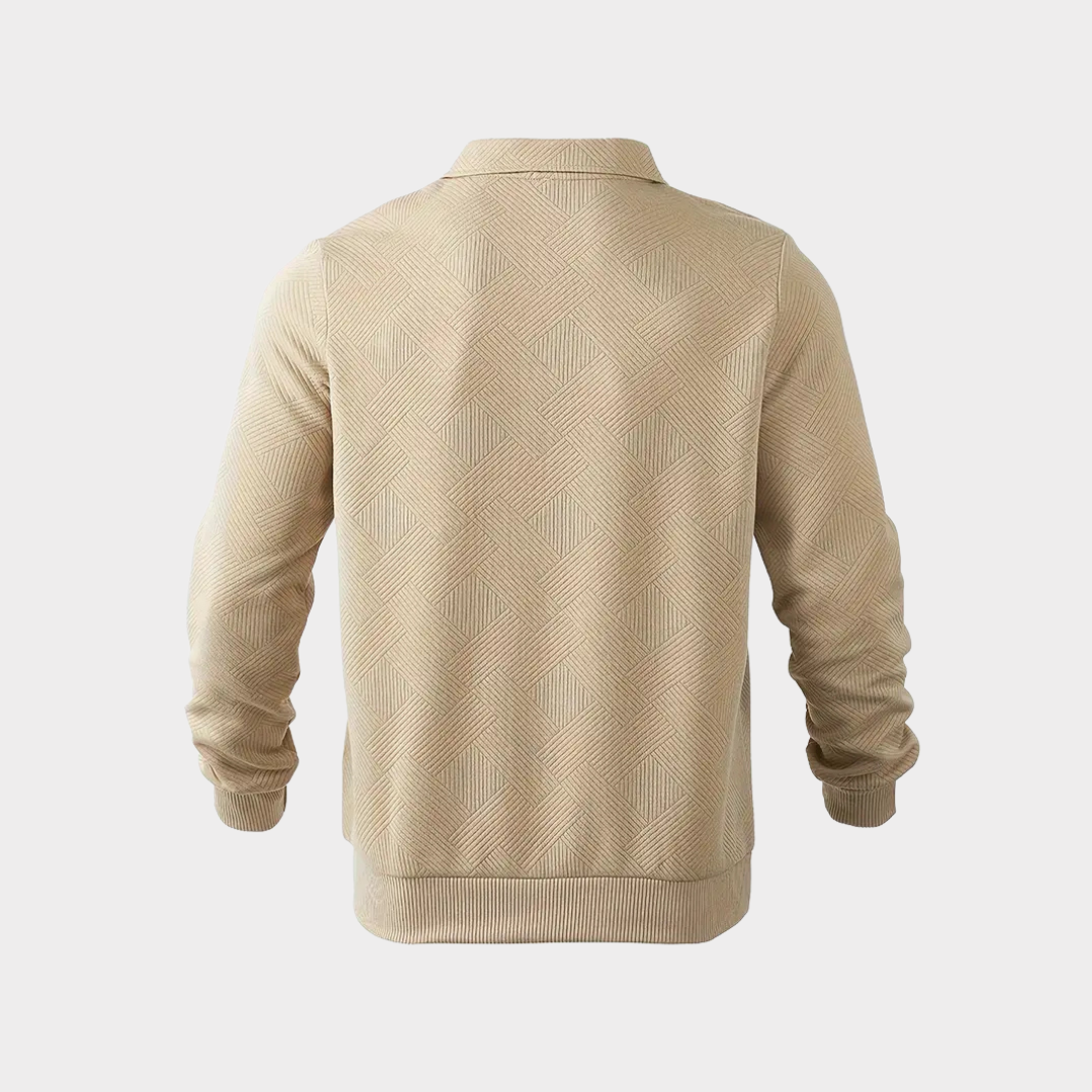 Men's textured half-zip knit sweater by Homixa featuring ribbed cuffs and a classic polo collar, shown on a male model.