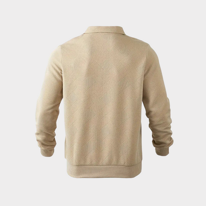 Men's textured half-zip knit sweater by Homixa featuring ribbed cuffs and a classic polo collar, shown on a male model.
