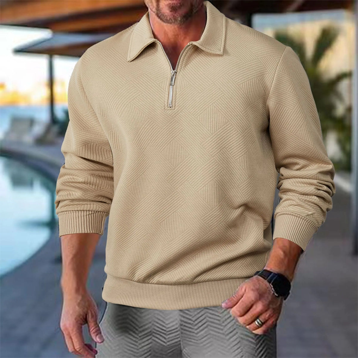Men's textured half-zip knit sweater by Homixa with ribbed cuffs and polo collar, displayed on a neutral background.