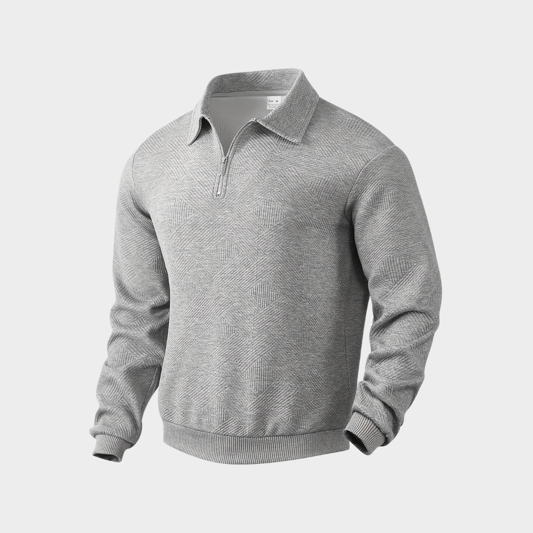Men's textured half-zip knit sweater by Homixa, featuring ribbed cuffs and a classic polo collar, shown in a close-up shot.