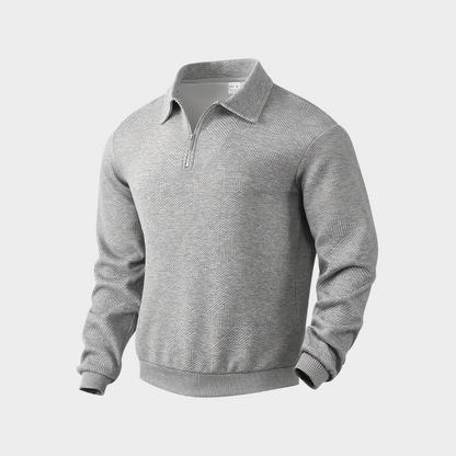 Men's textured half-zip knit sweater by Homixa, featuring ribbed cuffs and a classic polo collar, shown in a close-up shot.