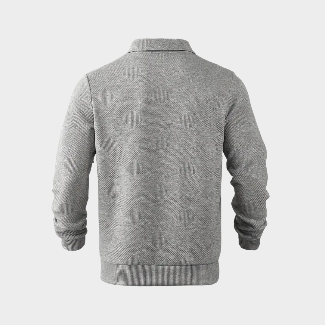 Men's textured knit sweater by Homixa featuring a half-zip front, ribbed cuffs, and a classic polo collar.