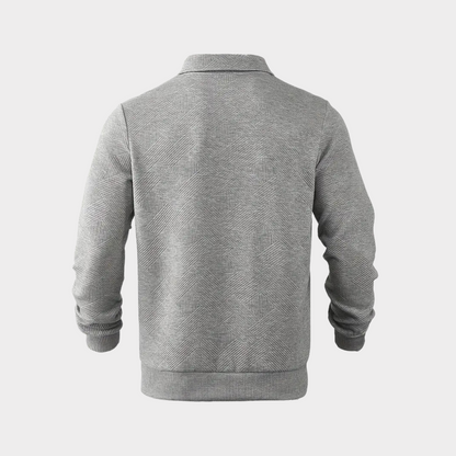 Men's textured knit sweater by Homixa featuring a half-zip front, ribbed cuffs, and a classic polo collar.
