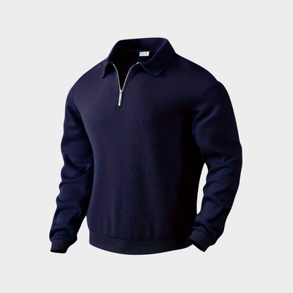 Men's textured half-zip knit sweater by Homixa featuring ribbed cuffs and a classic polo collar, displayed on a hanger.