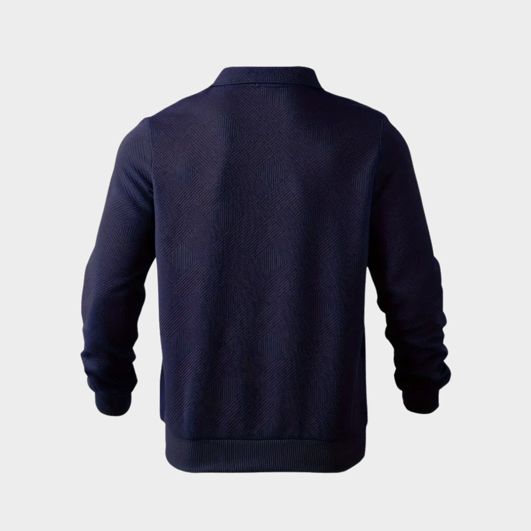 Men's textured knit sweater by Homixa with a half-zip, polo collar, and ribbed cuffs, shown on a model.