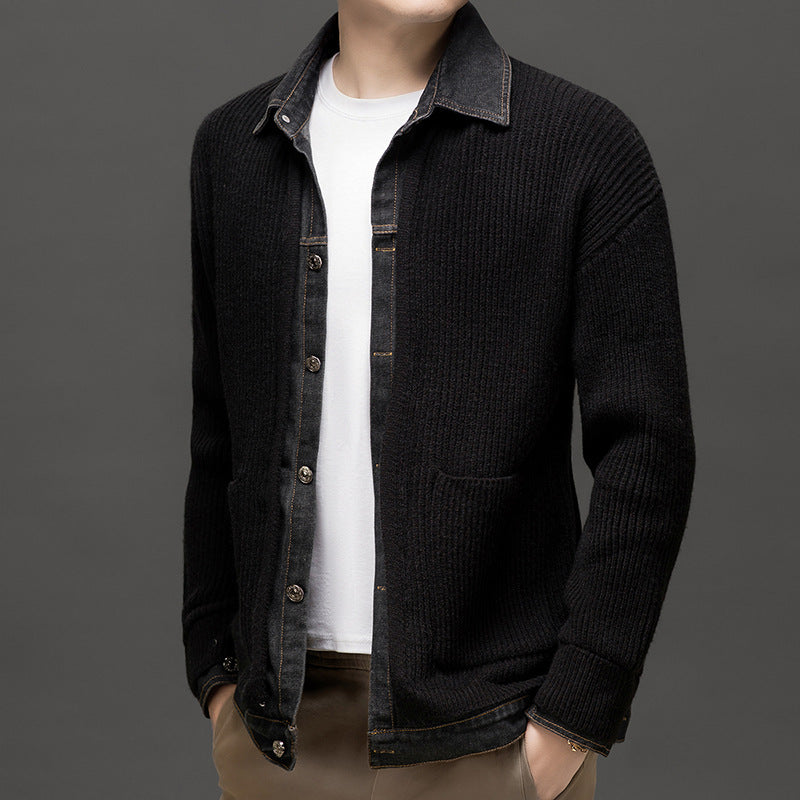 Men's textured knit cardigan by Homixa featuring a button-front design and two lower patch pockets.