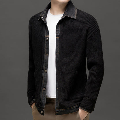 Men's textured knit cardigan by Homixa featuring a button-front design and two lower patch pockets.