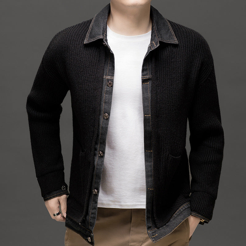 Men's textured knit cardigan by Homixa featuring a button-front design and two lower patch pockets.