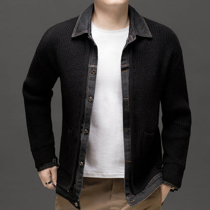 Men's textured knit cardigan by Homixa featuring a button-front design and two lower patch pockets.