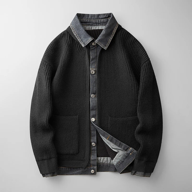 Men's textured knit cardigan by Homixa featuring a button-front design and two lower patch pockets.