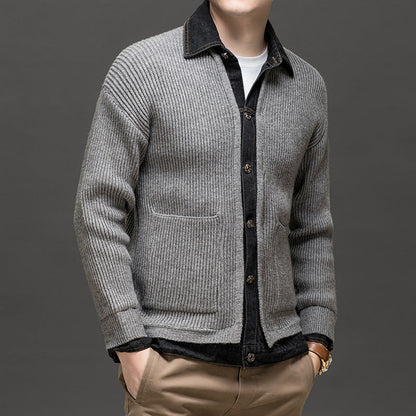 Men's textured knit cardigan by Homixa featuring a button-front design and two lower patch pockets.