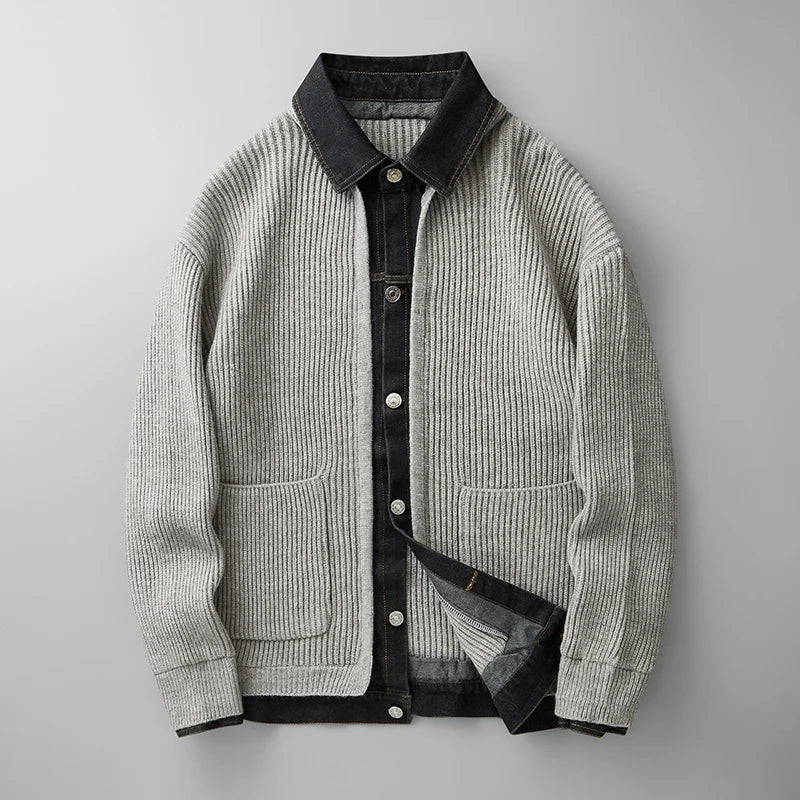 Men's textured knit cardigan by Homixa featuring a button-front design and two lower patch pockets.