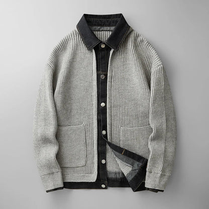 Men's textured knit cardigan by Homixa featuring a button-front design and two lower patch pockets.