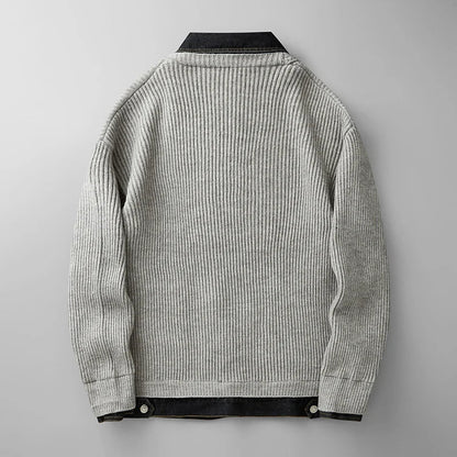 Men's textured knit cardigan by Homixa featuring a button-front design and two lower patch pockets.