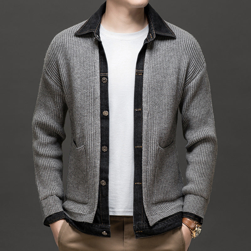 Men's textured knit cardigan by Homixa featuring a button-front design and two lower patch pockets.