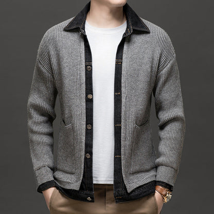 Men's textured knit cardigan by Homixa featuring a button-front design and two lower patch pockets.