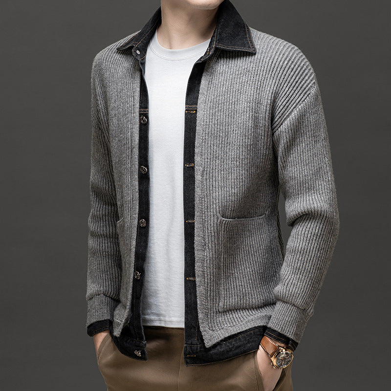 Men's textured knit cardigan by Homixa featuring a button-front design and two lower patch pockets.