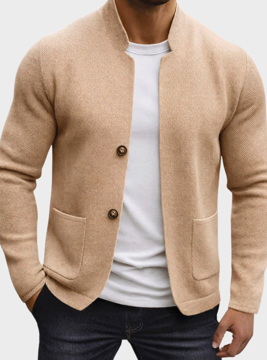 Men's textured knit cardigan jacket by Homixa featuring a stand collar, button front, and twin patch pockets.