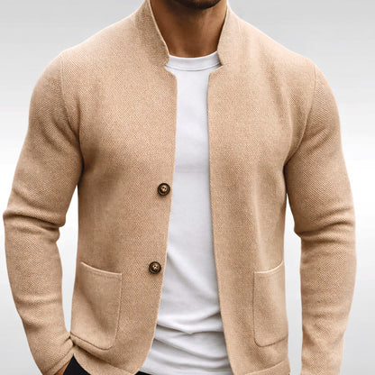 Men's Homixa textured knit cardigan jacket with stand collar, button front, and twin patch pockets, displayed on a model.