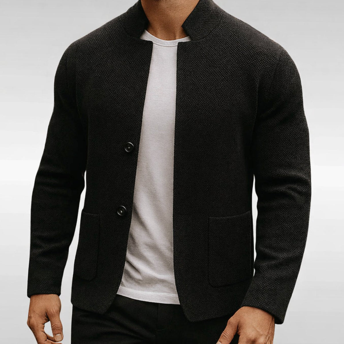 Homixa men's textured-knit cardigan jacket with stand collar, button front, and twin patch pockets, displayed on a model.
