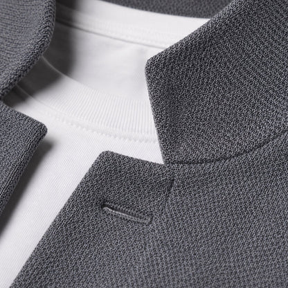Men's textured knit cardigan jacket with stand collar, button front, and twin patch pockets from Homixa.