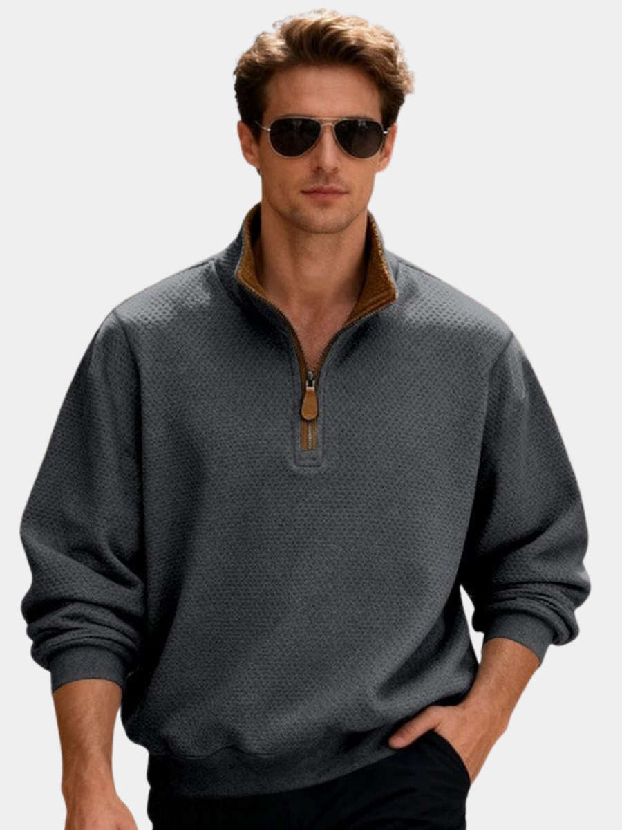 Men's textured quarter-zip pullover sweater by Homixa featuring stand collar, long sleeves, and a cozy, stylish fit.