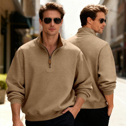 Men's textured quarter-zip pullover sweater by Homixa featuring a stand collar and long sleeves, displayed on a neutral background.